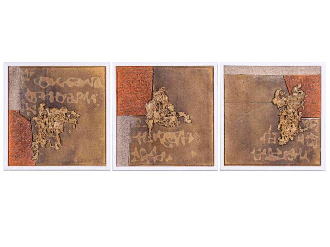 107-108-109 Trilogie Sagex, Dachpappe, Sand, Leim 32x32cm