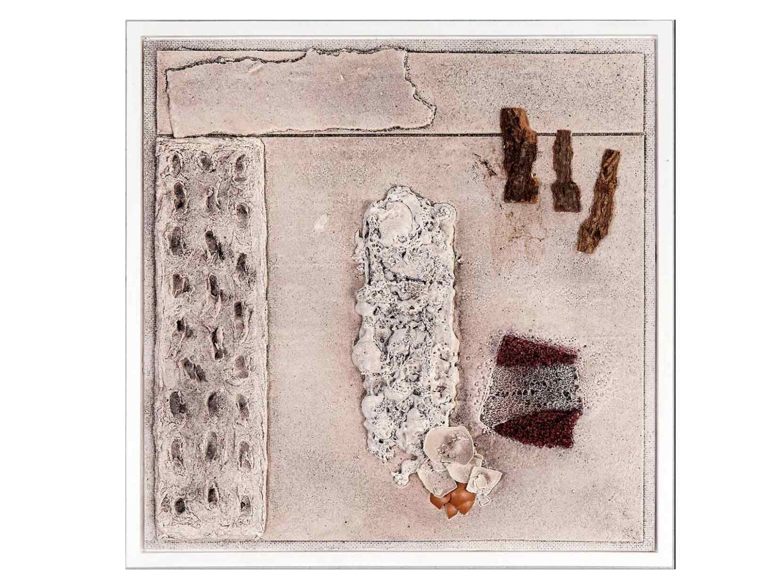 122 Verputz (Spachtelmasse), Eierschalen, Kork/Sacktuch, Dachpappe, Sagex 42x42cm