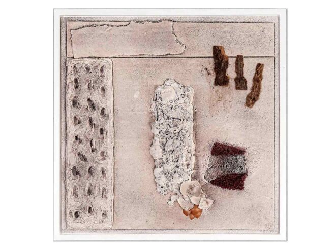 122 Verputz (Spachtelmasse), Eierschalen, Kork/Sacktuch, Dachpappe, Sagex 42x42cm