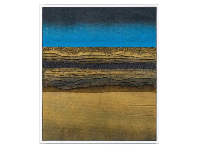 137 Horizonte Dachpappe, Sacktuch, Verputz (Spachtelmasse), Feiner Sand u. Steine 52x64cm
