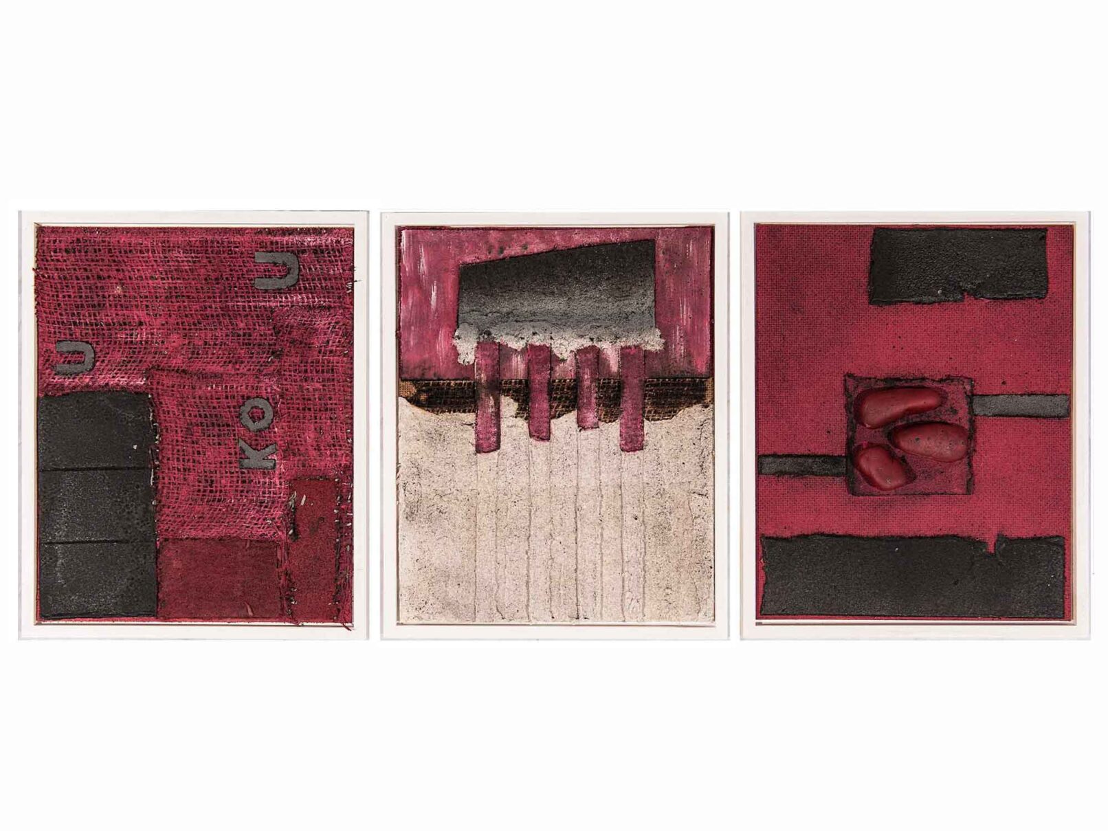 133-134-135, Trilogie Dachpappe, Verputz (Spachtelmasse), Sacktuch, Steine 22x27 cm