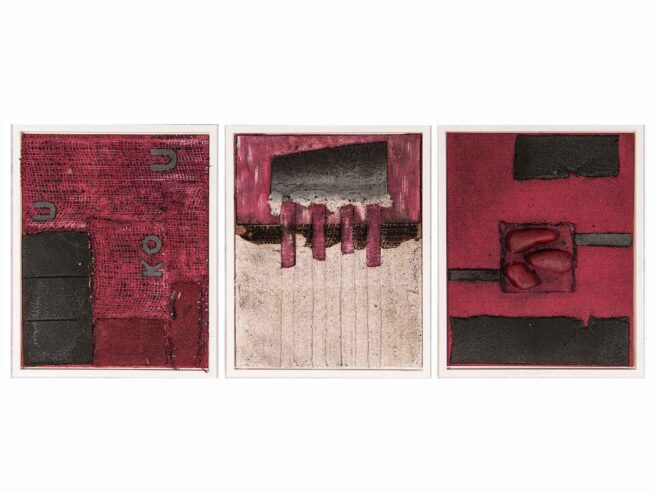 133-134-135, Trilogie Dachpappe, Verputz (Spachtelmasse), Sacktuch, Steine 22x27 cm